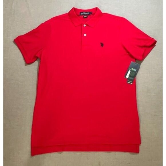 US Polo ASSN Performance Pique Shirt Adult M Red Short Sleeve Button Golfer Mens - Picture 1 of 7